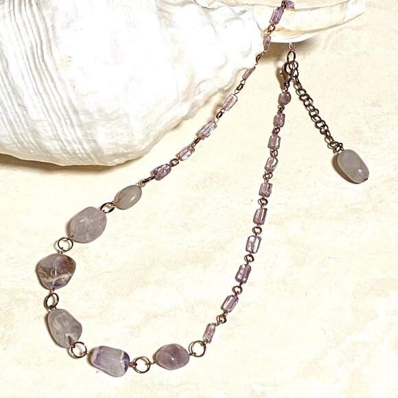 Rustic Amethyst Tumbled Stone Necklace, Genuine Gemstone + Copper Chain - Picture 1 of 15